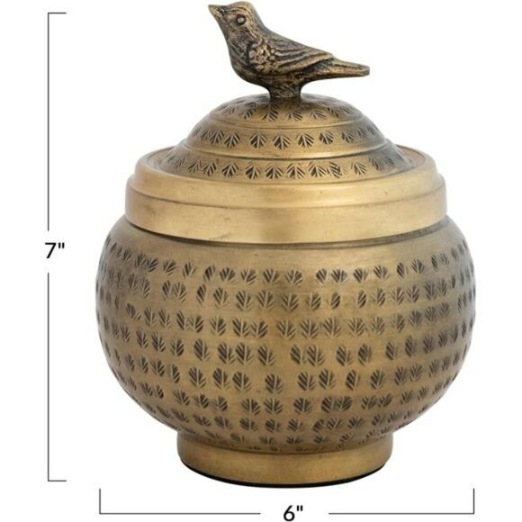 Hammered Metal Storage Container Brass Round Jar with Lid Bird Finial Decor - Picture 2 of 8